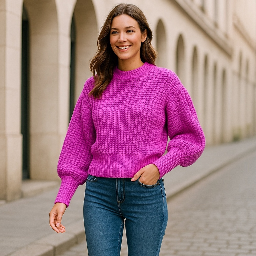 Lumière Small Bright Fuchsia Chunky Knit Balloon Sleeve‎ Sweater